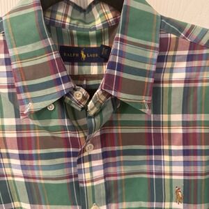 Ralph Lauren Polo Button Up Green Plaid Long Sleeve Shirt Madras Sz L Flesh Pony